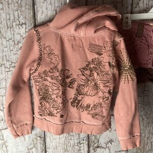 Antik pink denim embroidered trendy sweatshirt and mini skirt kid’s sz S